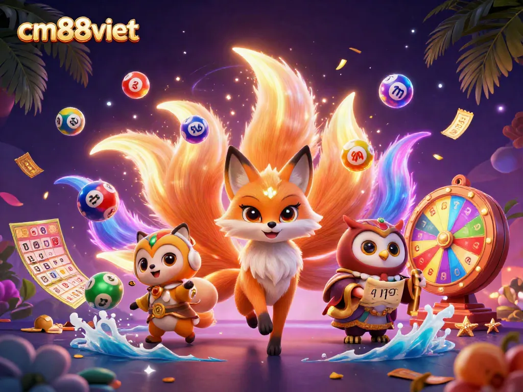 Engage in lively gameplay with cm88viet as vibrant lottery balls, wise owl, and spirit orbs illuminate the scene.