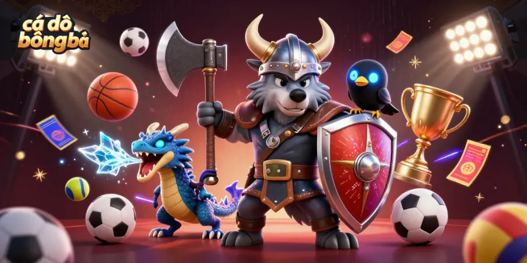 Engage in cá độ bóng đá with an epic scene featuring a Viking wolf warrior and dragon, enhanced by sports elements and dynamic lights.