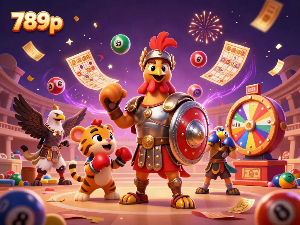 Experience the thrilling 789p gaming atmosphere with a dynamic 3D rooster, eagle, and tiger amidst vibrant lottery-themed elements.