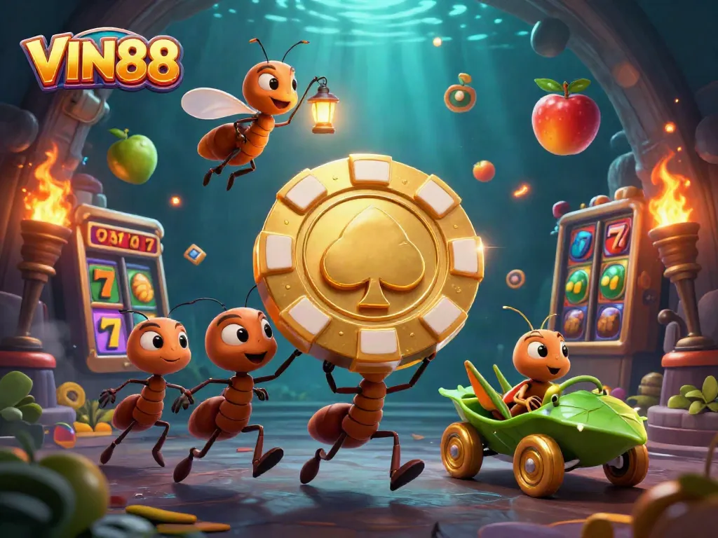 Experience excitement with VIN88 as ants carry a giant poker chip in a vibrant casino heist scene.
