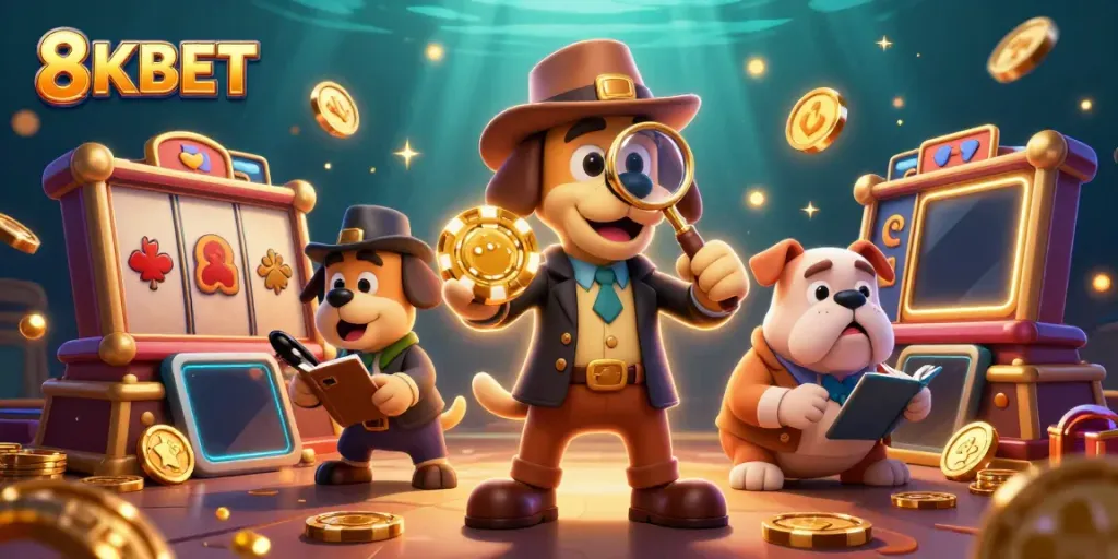 8KBET showcases a detailed casino scene with characters exploring gaming clues and treasures.