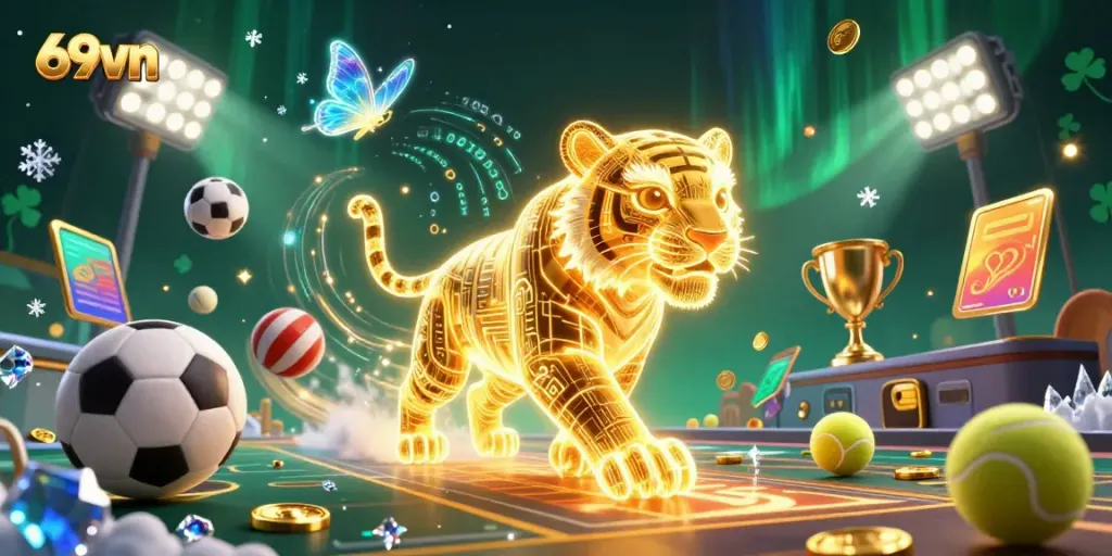 Engage with 69vn as a 3D neon golden tiger plays in a dynamic casino filled with sports elements.