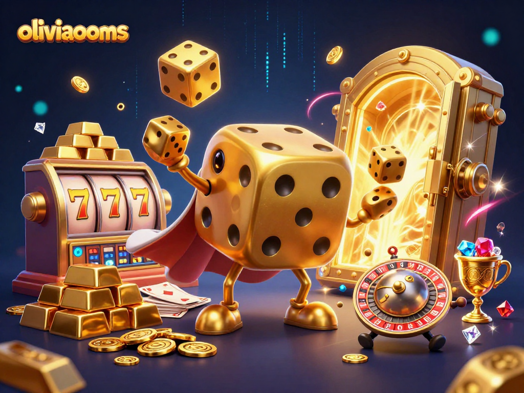 Experience the excitement of oliviaooms with a 3D illustration of golden dice, jewels, and engaging casino elements.