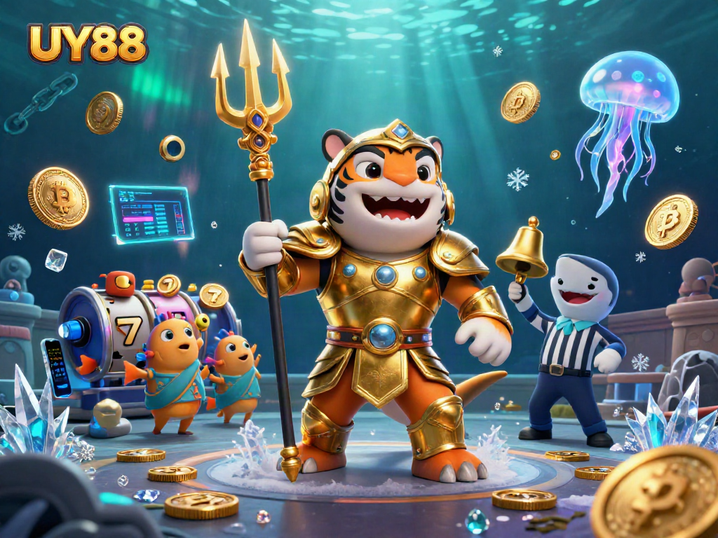 Join the excitement of UY88 in this vibrant underwater casino scene with a fierce shark and crypto coins.