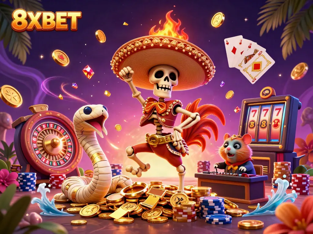 Experience the excitement of 8XBET with vibrant animated casino characters celebrating winnings amid gold coins and cards.