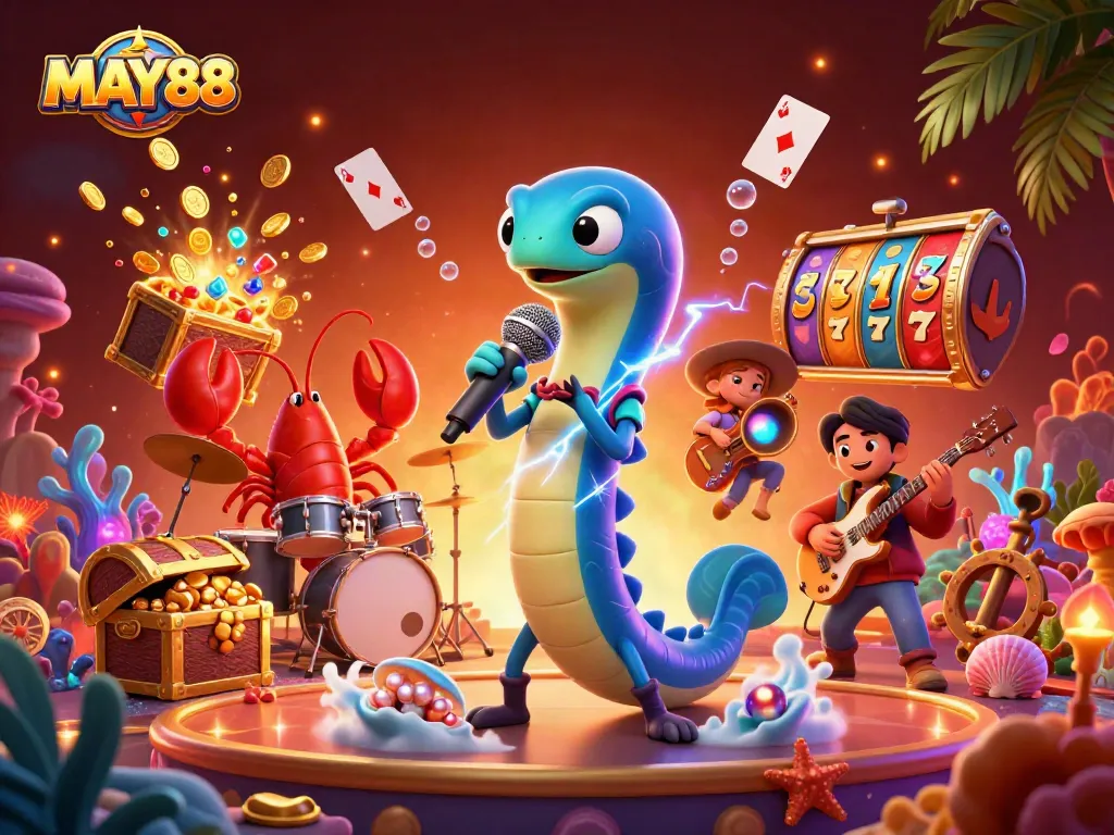 MAY88 engages players with an exciting underwater casino scene featuring an electric eel DJ, lively characters, and vibrant gambling elements.