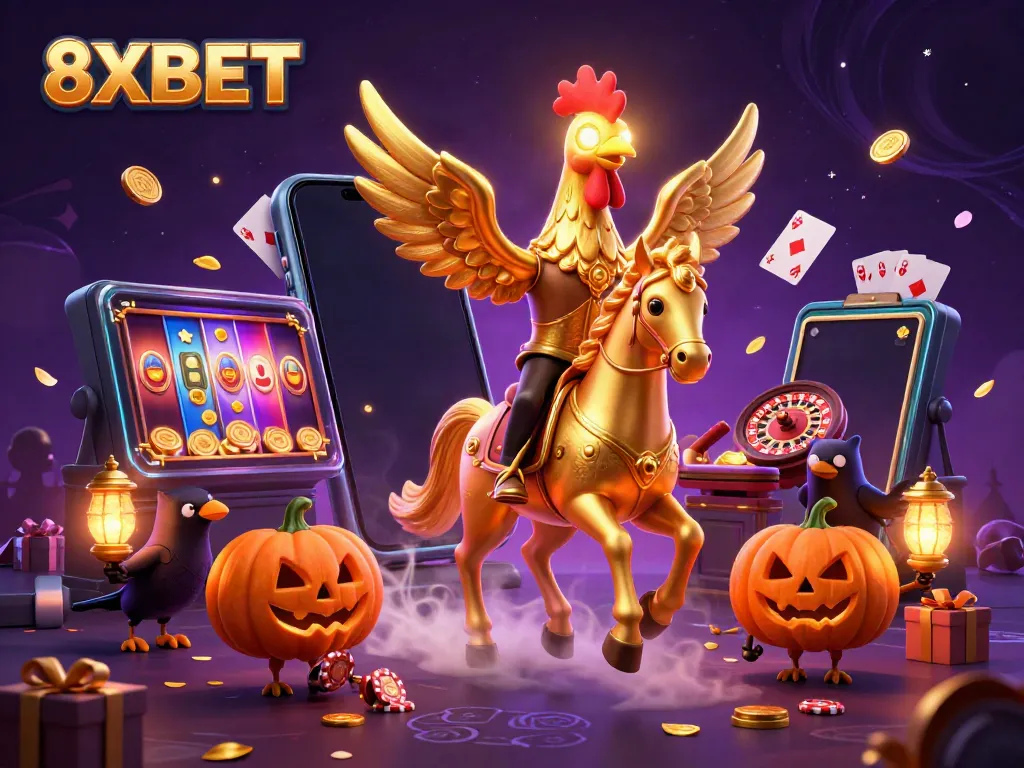 8XBET showcases a vibrant casino scene with a golden rooster and mystical characters, celebrating gaming excitement.