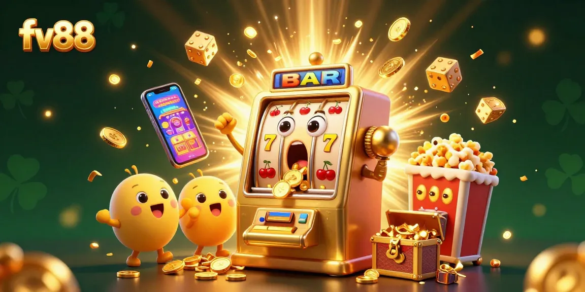 fv88 slot machine hitting jackpot, surrounded by cheering mini machines and festive elements.