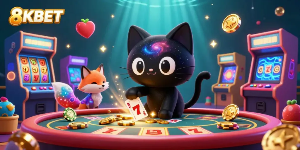 Experience the thrill of 8KBET with a cosmic casino scene full of vibrant slot reels and character charm.