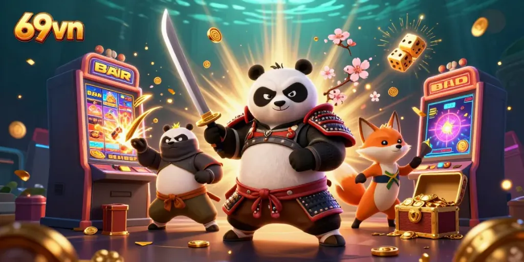 Engage with the thrilling world of 69vn featuring a dynamic scene with a samurai panda, ninja fox, and tanuki amidst casino excitement.