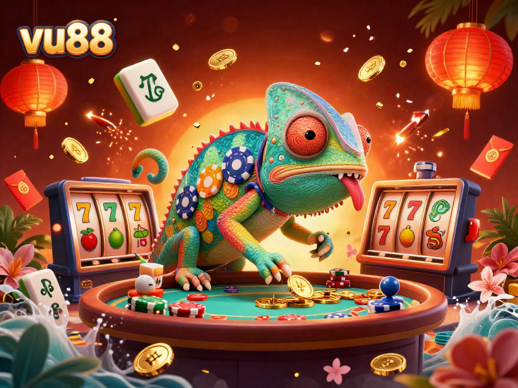 Claim your jackpots at vu88 with this vivid casino illustration showing fun gaming elements.