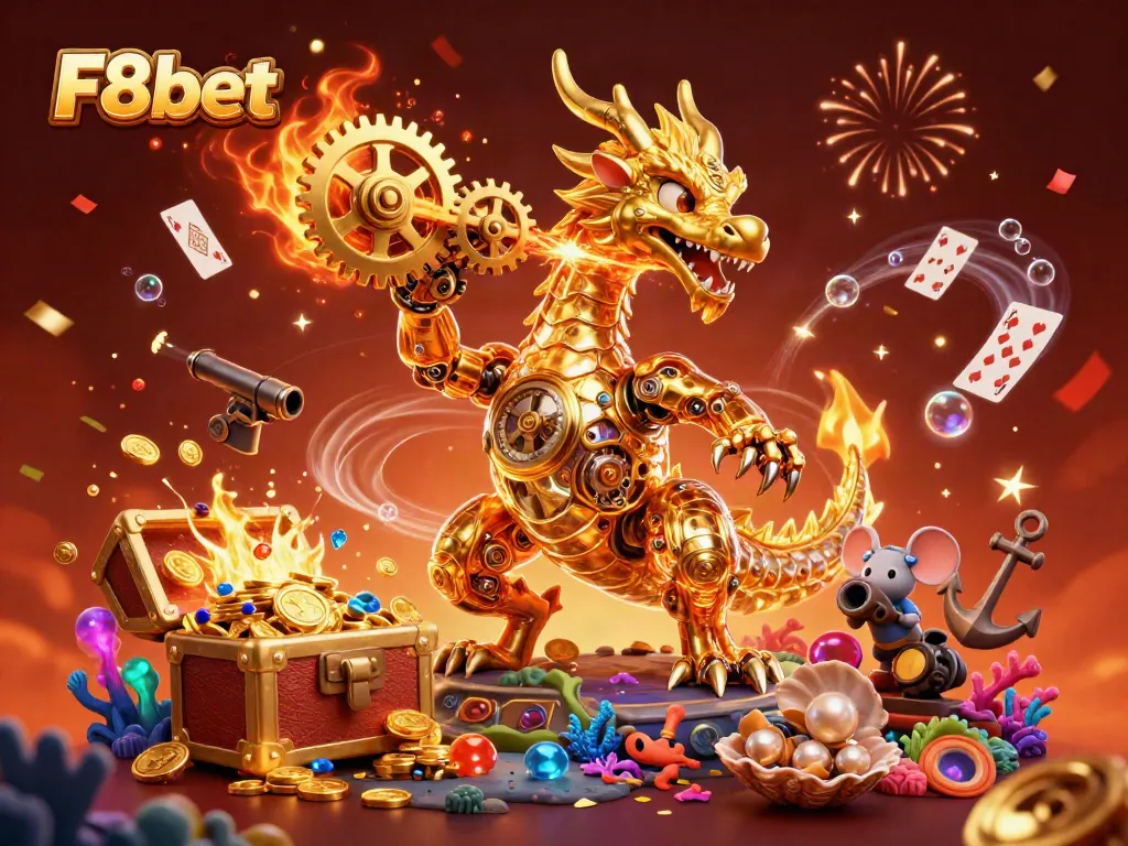 Engage in thrilling gameplay with F8bet featuring golden dragon and underwater treasures in 3D illustration.
