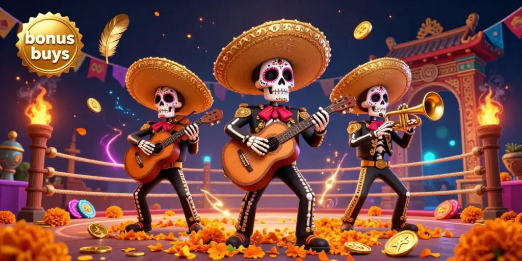 Engage in thrilling bonus buys with Dia de los Muertos mariachi characters in a vibrant casino scene.