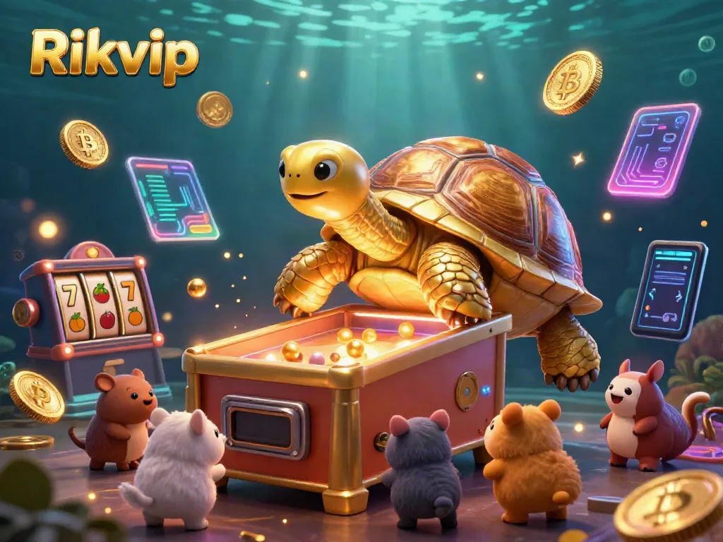 Engage with the thrilling Rikvip slot scene featuring a golden tortoise pinball machine surrounded by crypto coins.