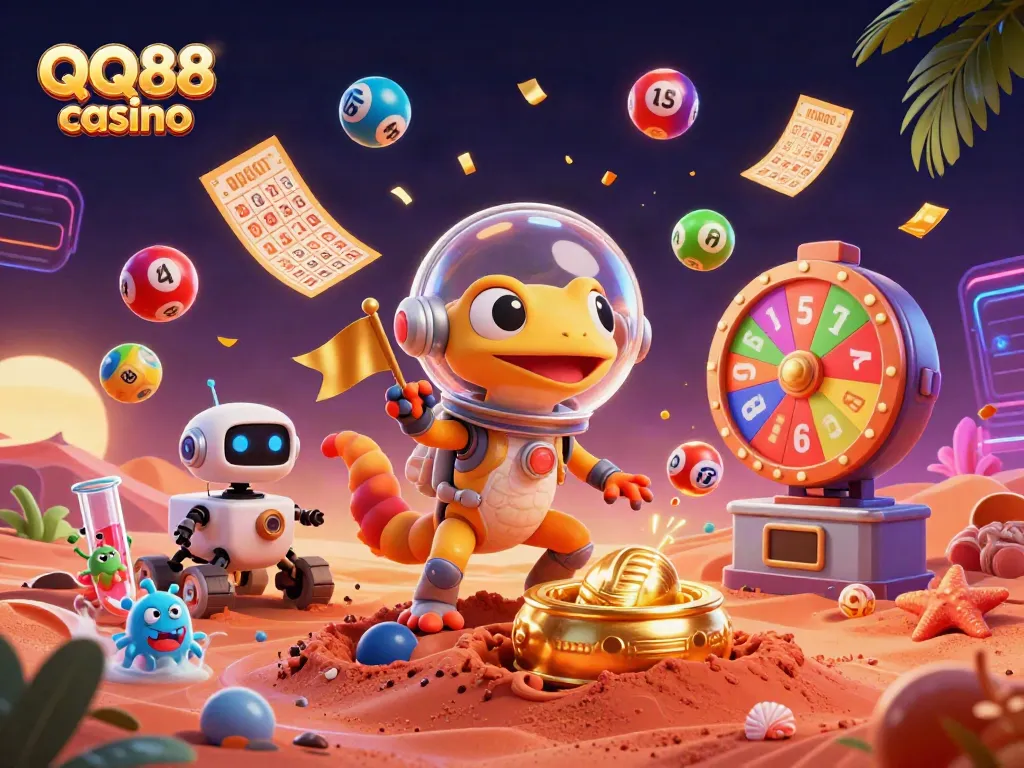 Experience thrilling fun at QQ88 casino with colorful games and interactive elements in a captivating illustration.