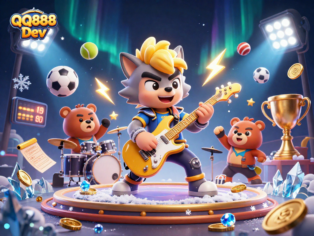 Experience the excitement of QQ888 Dev with a dynamic casino concert scene featuring a rock star wolf and vibrant sports elements.