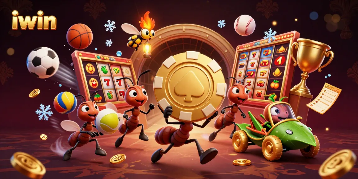 iwin brings the excitement of a vibrant casino heist with cartoon ants, sports elements, and dynamic visuals.