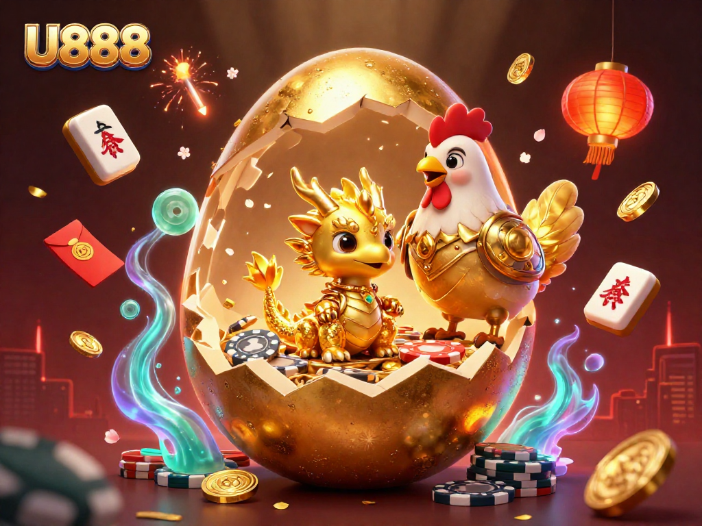 Engage with U888's dazzling illustration of a golden baby dragon amidst casino elements.