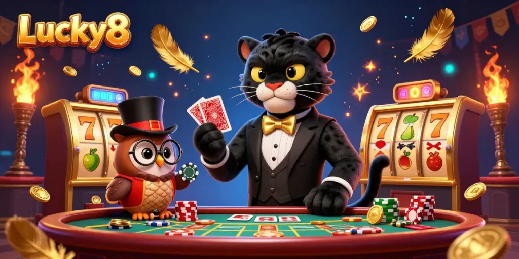 Engage with Lucky8 as a sophisticated panther deals cards in a dynamic casino setting.
