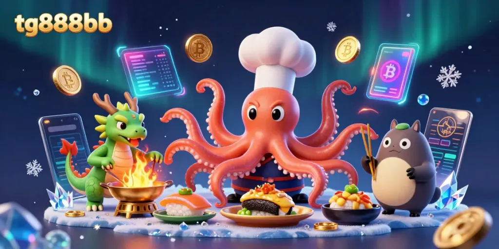 Experience thrilling gameplay at tg888bb with a vibrant sushi chef octopus and dragon in action.