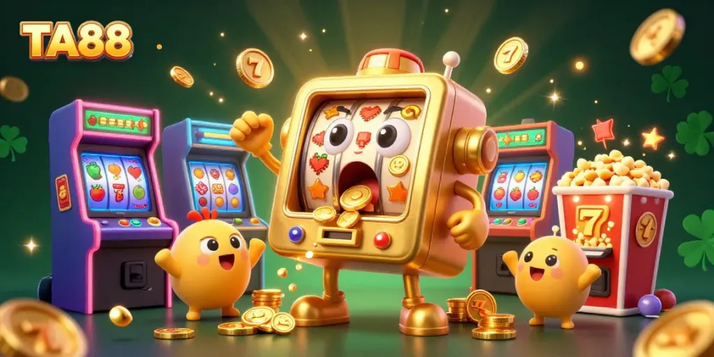 TA88 golden slot machine winning jackpot with cheering baby machines in a vibrant casino scene.