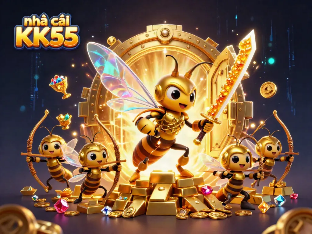 Engage with the vivid world of nhà cái KK55 through this dynamic casino illustration showcasing unique characters and elements.