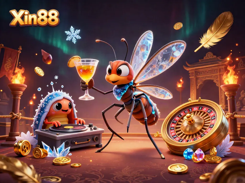 Experience excitement with Xin88 as a frozen mosquito mascot beside a trilobite DJ and golden roulette wheel.