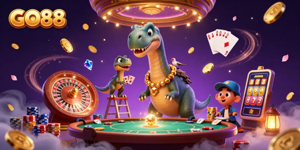 Engage with GO88's thrilling casino world featuring a brontosaurus and a clever raptor.