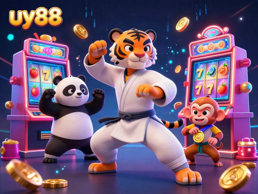 Engage with exciting gameplay at uy88, showcasing a kung fu tiger master alongside vibrant slots and golden treasures.