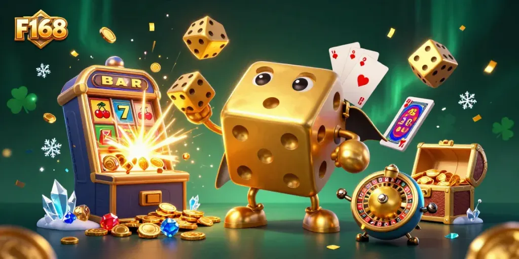 Experience thrilling gambling excitement with F168's vibrant 3D casino illustration featuring animated dice and a jackpot.