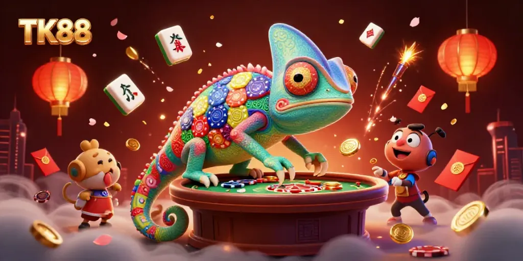Win exciting rewards with TK88, featuring a vibrant casino scene full of action and color.