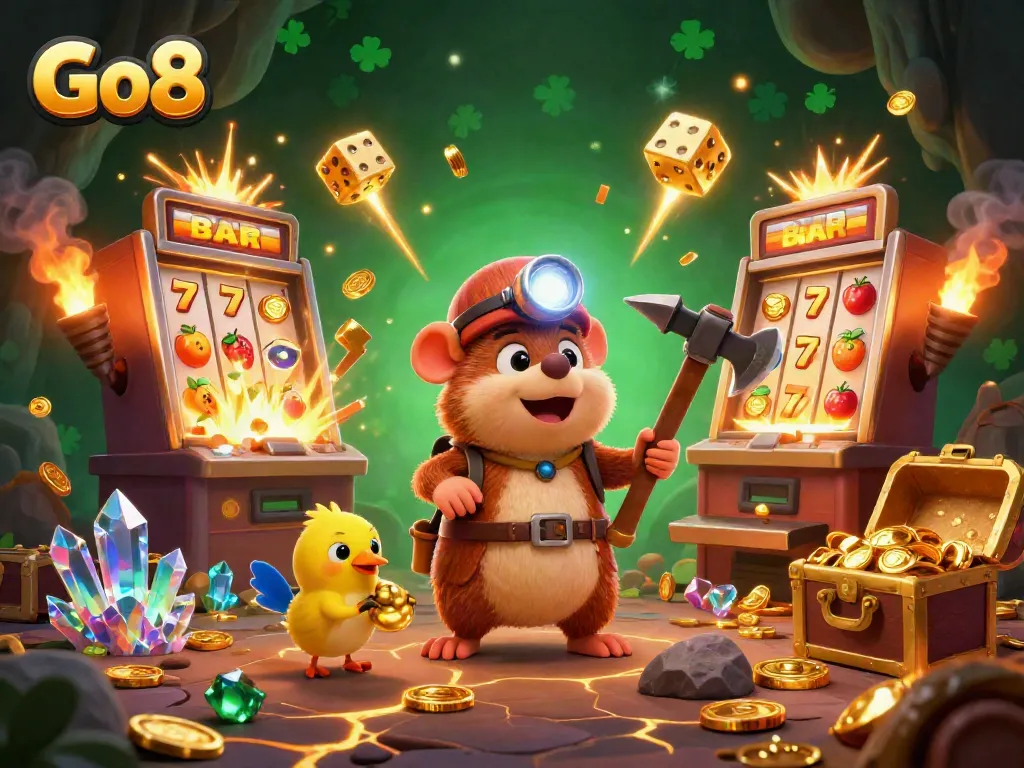 Experience thrilling wins at Go8, a vibrant casino scene with a treasure hunter mole and jackpots bursting with coins.