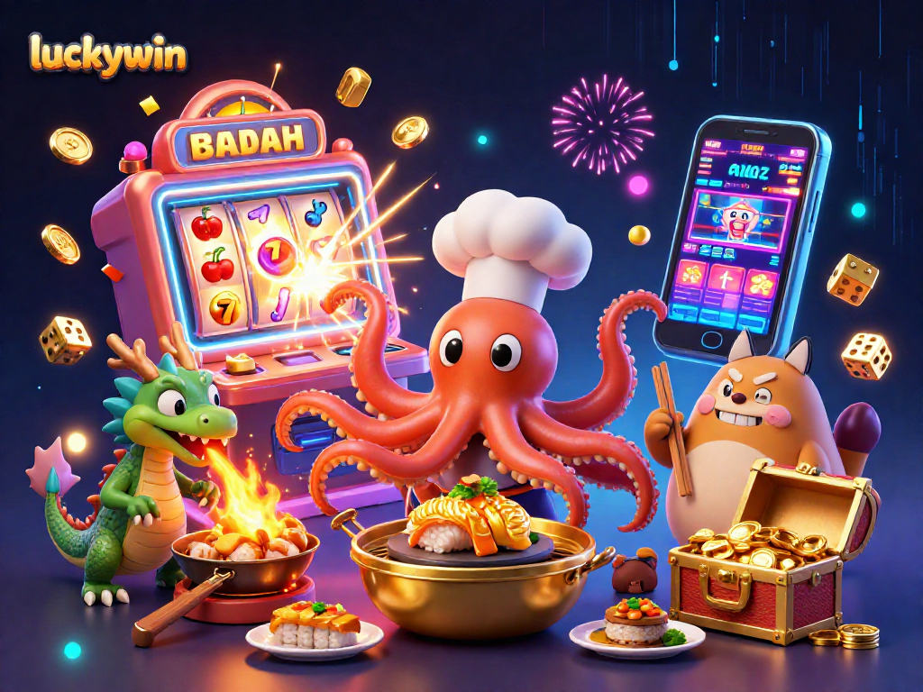 Play luckywin games with vibrant characters, 3D octopus chef and dragon, amidst casino excitement.