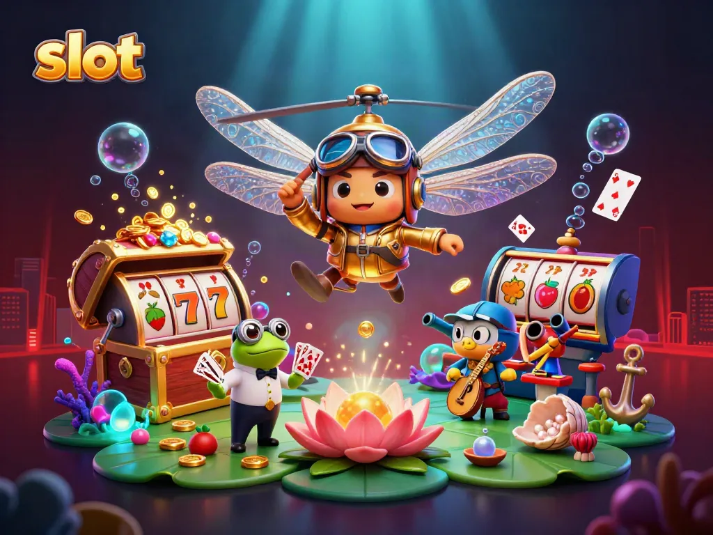 Engage with vibrant slot gaming visuals featuring a dragonfly pilot and frog croupier