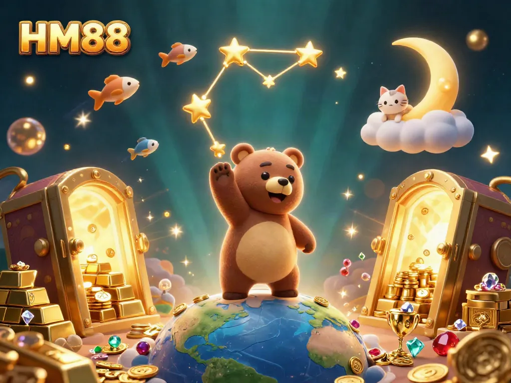 Engage with HM88 in a vibrant 3D casino scene featuring a constellation bear and treasure.