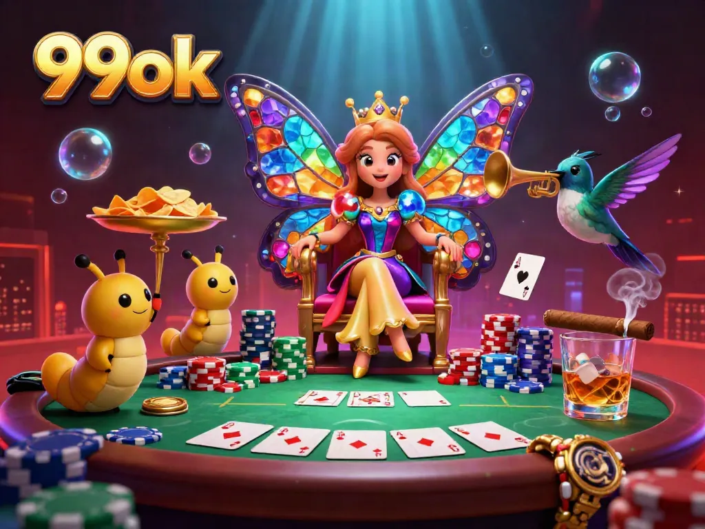 Engage in thrilling gameplay at 99ok, where a butterfly queen leads a vibrant card game scene filled with poker chips and cinematic elements.