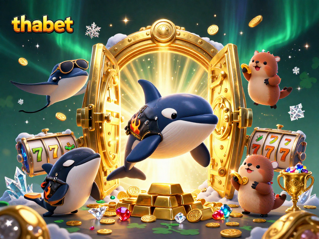 Experience thabet's exciting gaming world with thrilling characters and dazzling treasures in this vibrant casino scene.