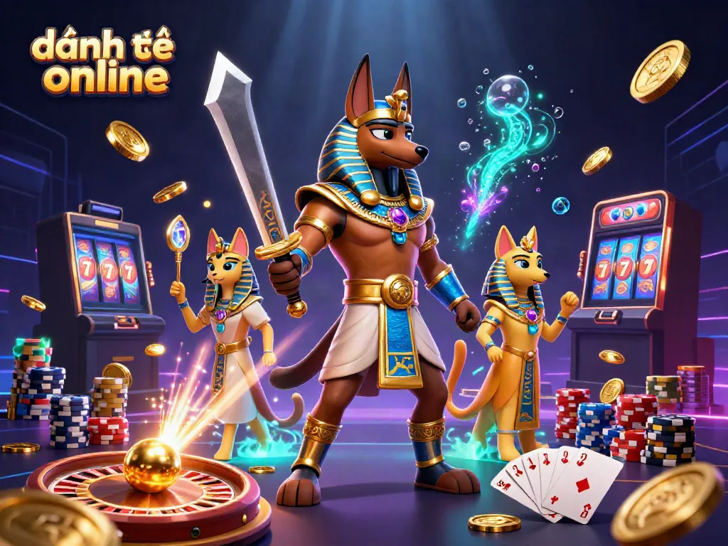 Win in đánh đề online with 3D Egyptian warriors and glowing gems in an exhilarating casino scene.