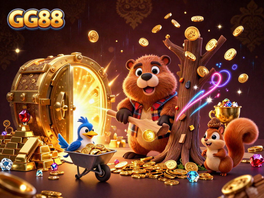 Experience exciting GG88 casino adventures with animated beaver and bird collecting gold!