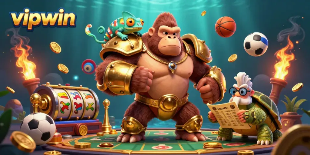Engage in thrilling gaming actions at vipwin, featuring a powerful gorilla king, vibrant sports elements, and a captivating underwater scene.