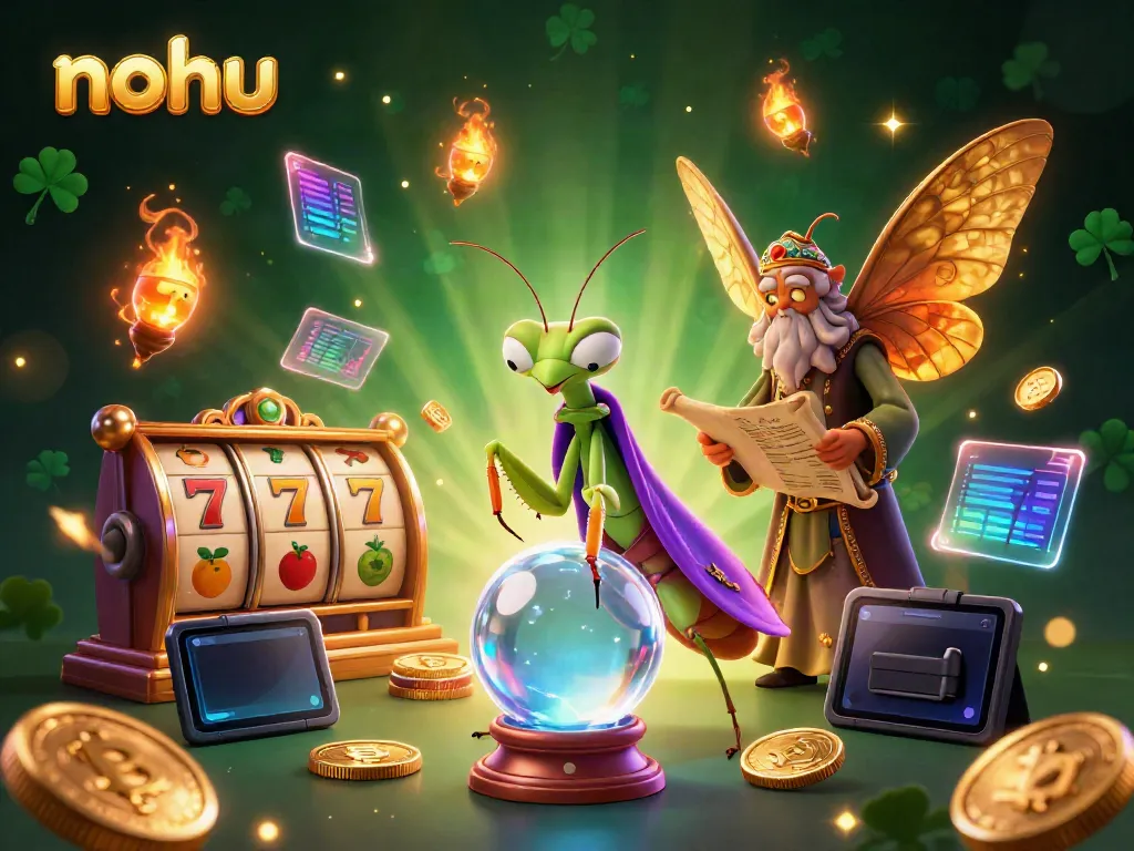 Nohu casino scene showcasing a praying mantis fortune teller with slot game elements and glowing coins.
