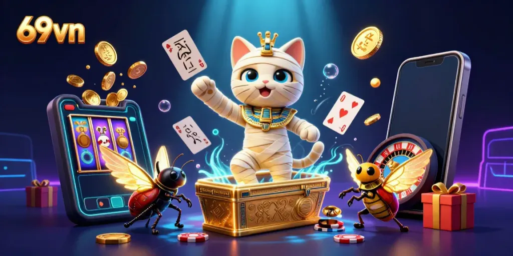 Spin and win with 69vn in this vibrant casino-themed illustration featuring a lively mummy character.