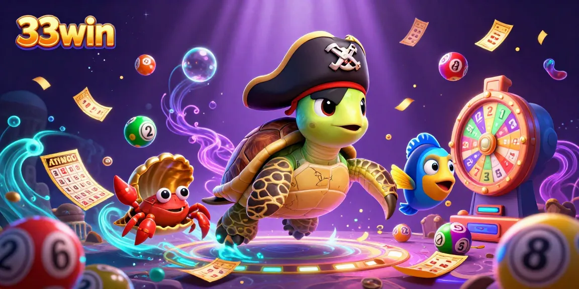 33win pirate turtle celebrates with vibrant casino elements in a dynamic underwater scene.