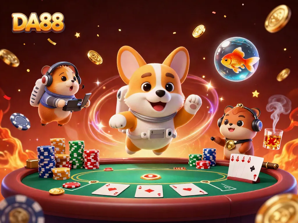 Bet big and win at DA88 with a 3D astronout corgi in a casino space station surrounded by poker wins.