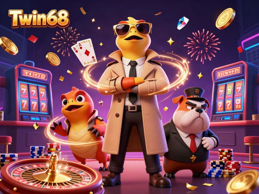 Three raptors in a trench coat attempting entry to the Twin68 VIP casino lounge, surrounded by glowing game elements.