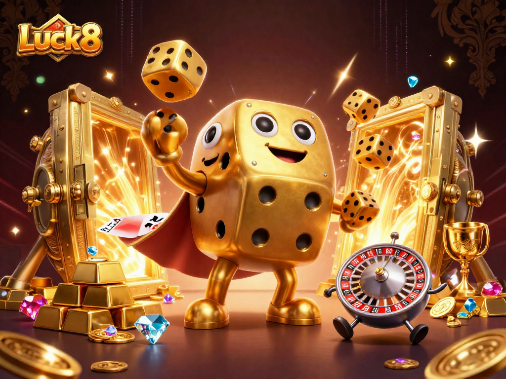 Luck8 showcases an exciting 3D casino adventure with golden dice and jewels in a bustling gaming scene.