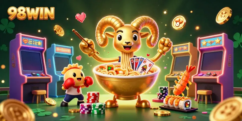 Experience thrilling gameplay at 98WIN with a vibrant casino illustration featuring unique characters and game elements.