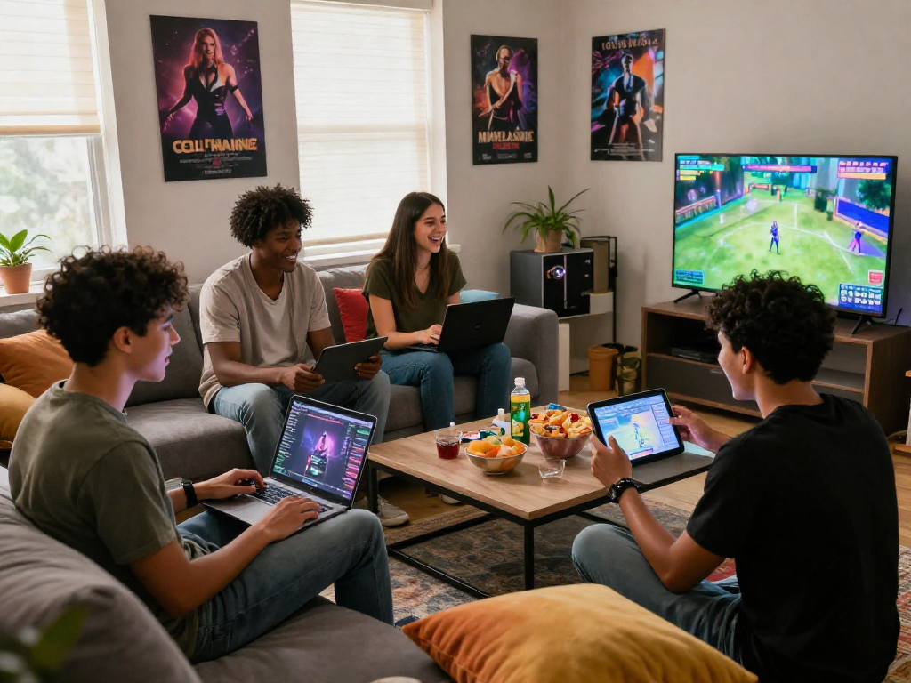 Engaging group playing a porno game on multiple devices in a cozy living room setting.