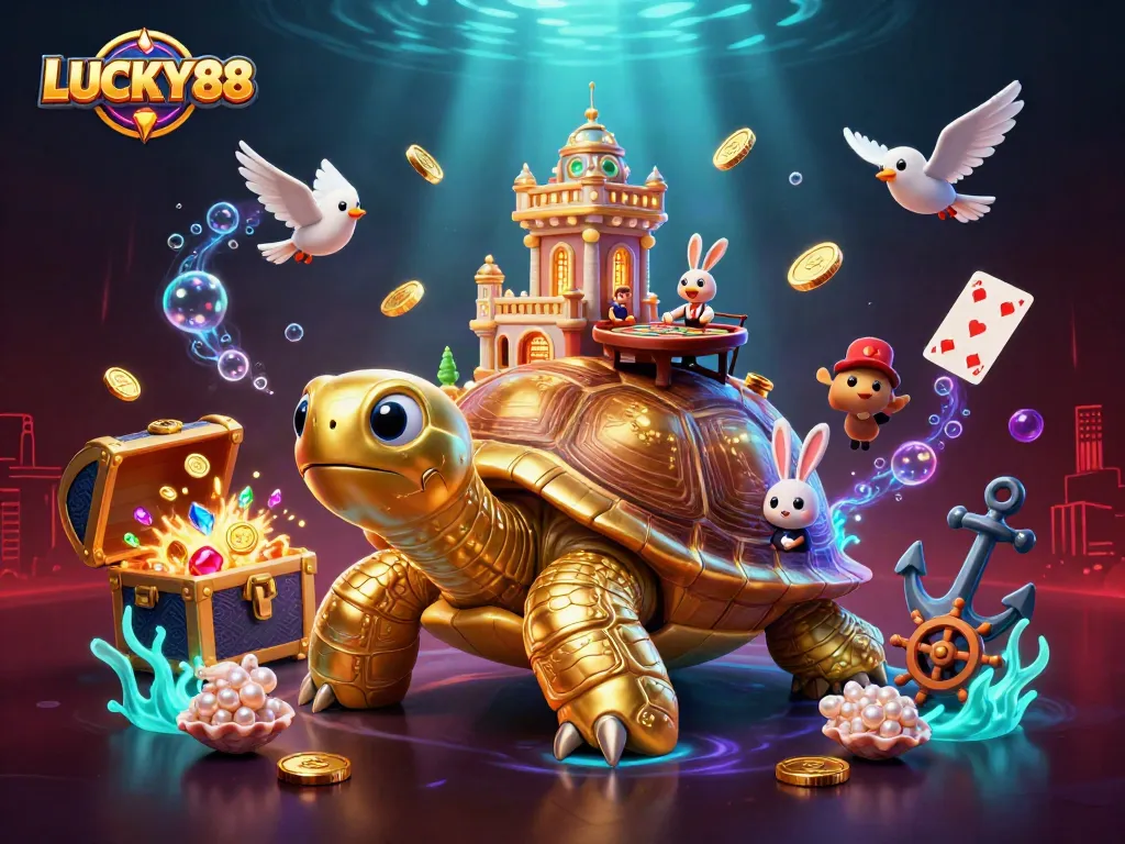Experience LUCKY88’s thrilling casino atmosphere with golden tortoise and vibrant characters.