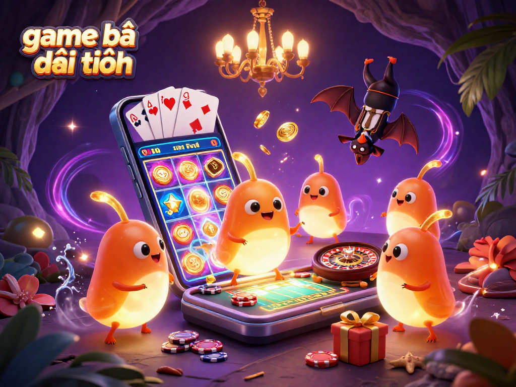 Engage with game bài đổi thưởng in this vibrant casino illustration featuring glowworms and a bat dealer.